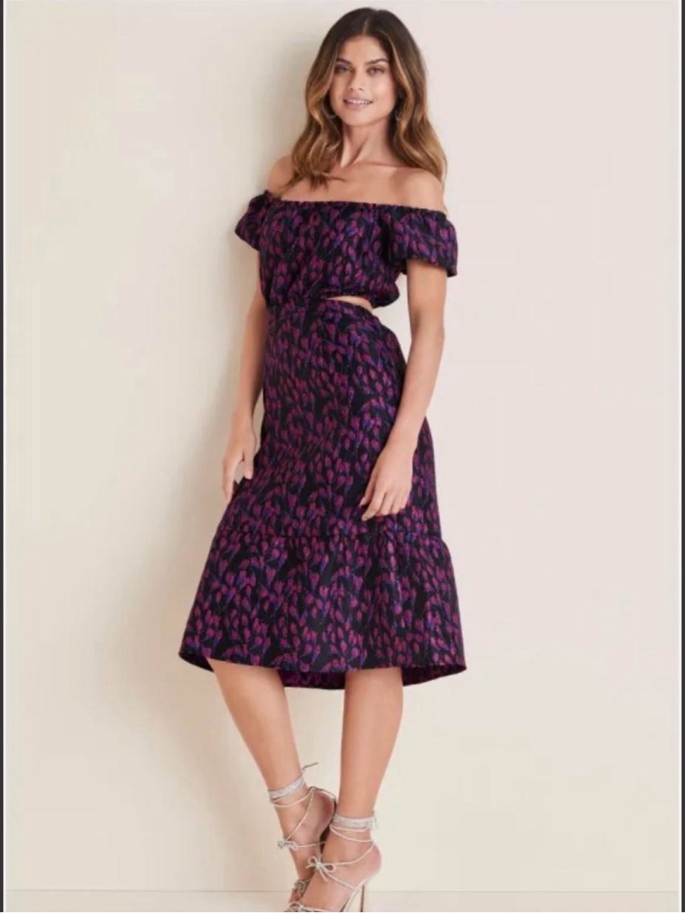 VENUS Off-Shoulder Purple and Pink Floral Midi Dress
